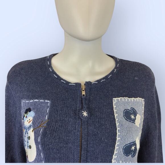 Croft & Barrow Blue Christmas Cardigan Holiday Full Zip Sweater Snowman - Picture 3 of 11